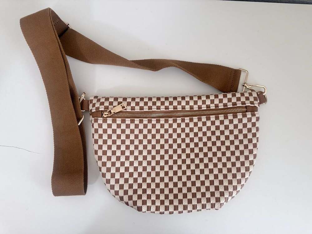 PS Checkered Woven Crossbody Bum Bag Brown and Cream